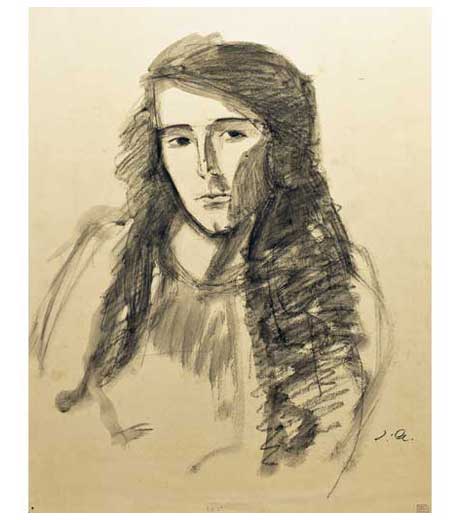 Portrait de femme regardant à gauche, dessin par Jussuf Abbo
