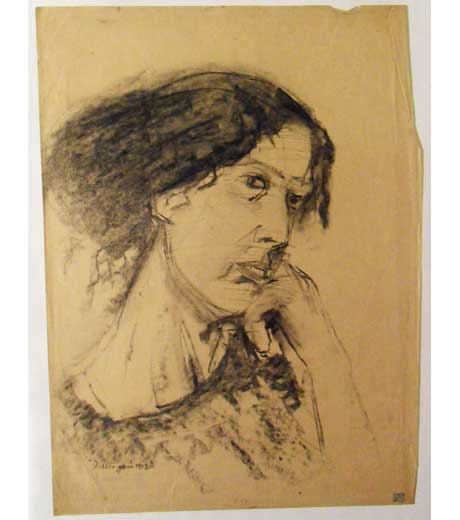 Woman with hand leaning on chin, drawing by Jussuf Abbo