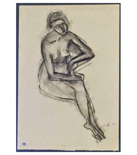 Woman seated, nude, charcoal drawing by Jussuf Abbo