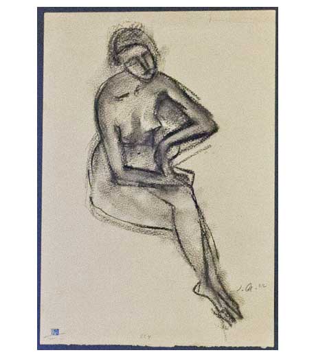 Femme assise, nu, dessin au fusain par Jussuf Abbo