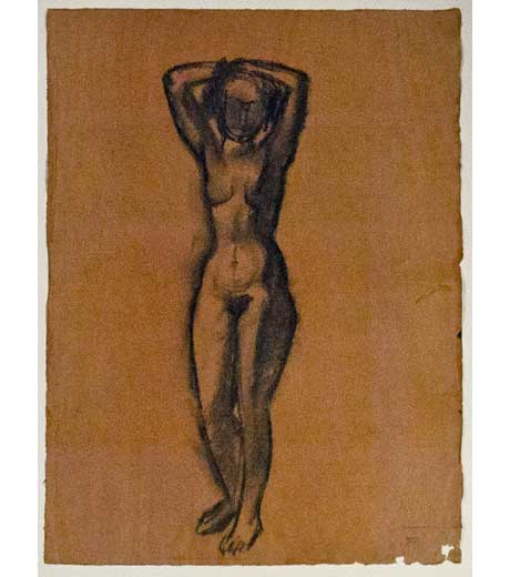 Woman standing, nude, charcoal drawing by Jussuf Abbo