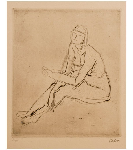 Woman seated, nude, etching by Jussuf Abbo
