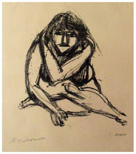 Crouching girl, lithograph by Jussuf Abbo