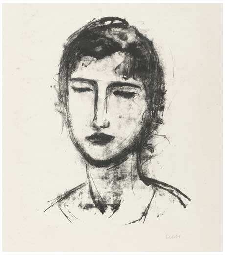 Head and shoulders of a girl, lithograph by Jussuf Abbo
