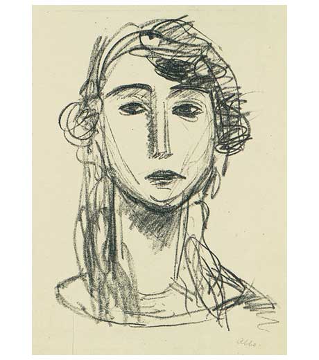 Head of a girl with long hair, lithograph by Jussuf Abbo