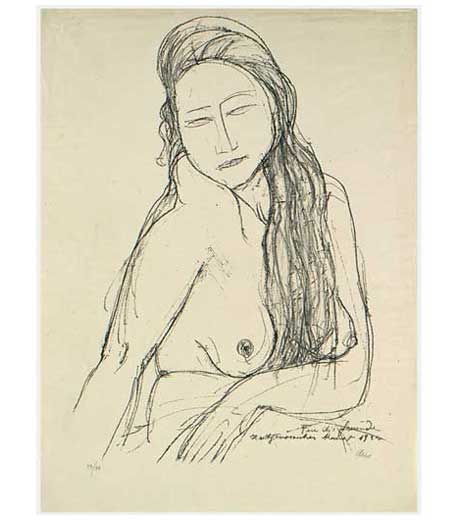 Woman with long hair, nude, lithograph by Jussuf Abbo