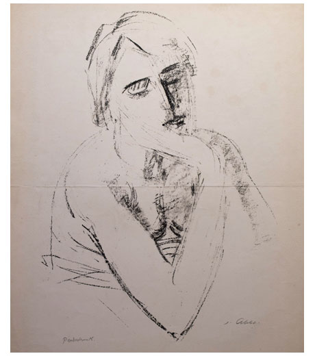 Woman with hand leaning on chin, lithograph by Jussuf Abbo