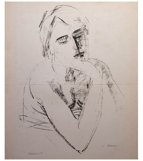 Femme avec la main sur le menton, lithographie par Jussuf Abbo