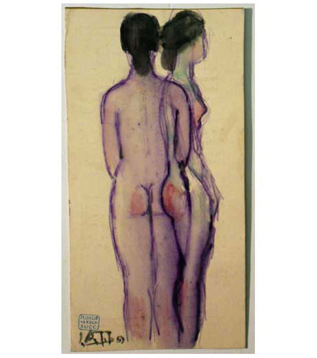 Two women standing, nude, watercolour by Jussuf Abbo