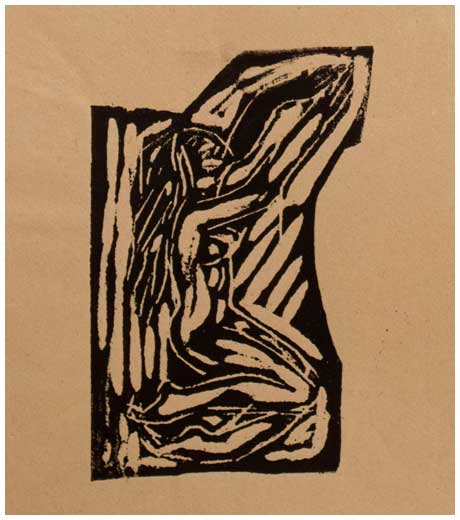Woman kneeling, woodcut print by Jussuf Abbo